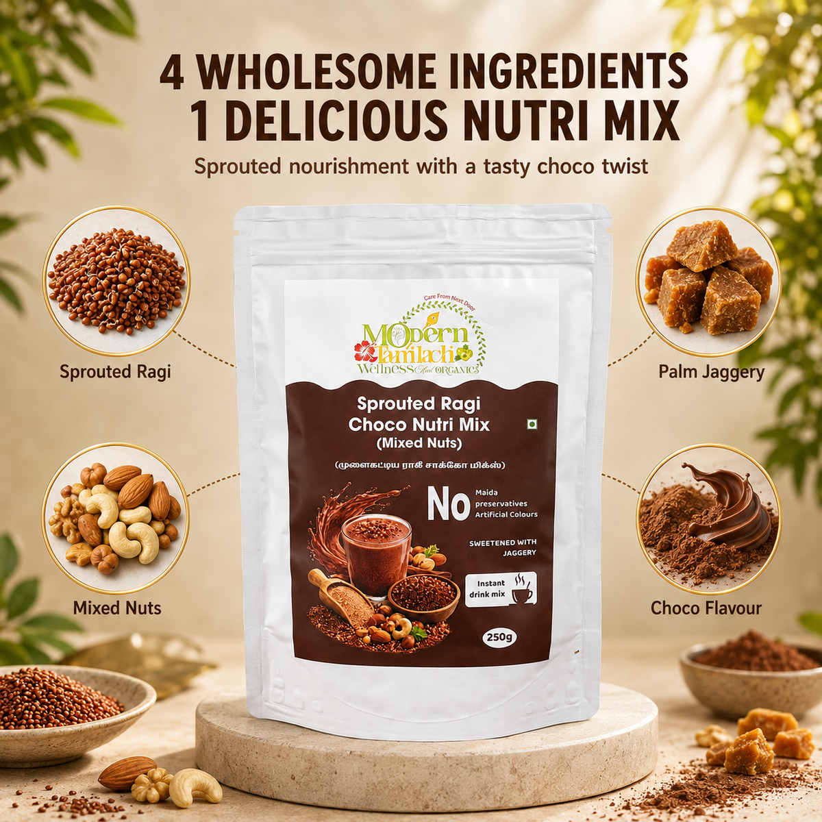 Sprouted Ragi Choco Nutri Mix with Mixed Nuts – Healthy Breakfast & Nutrition Drink – 250g